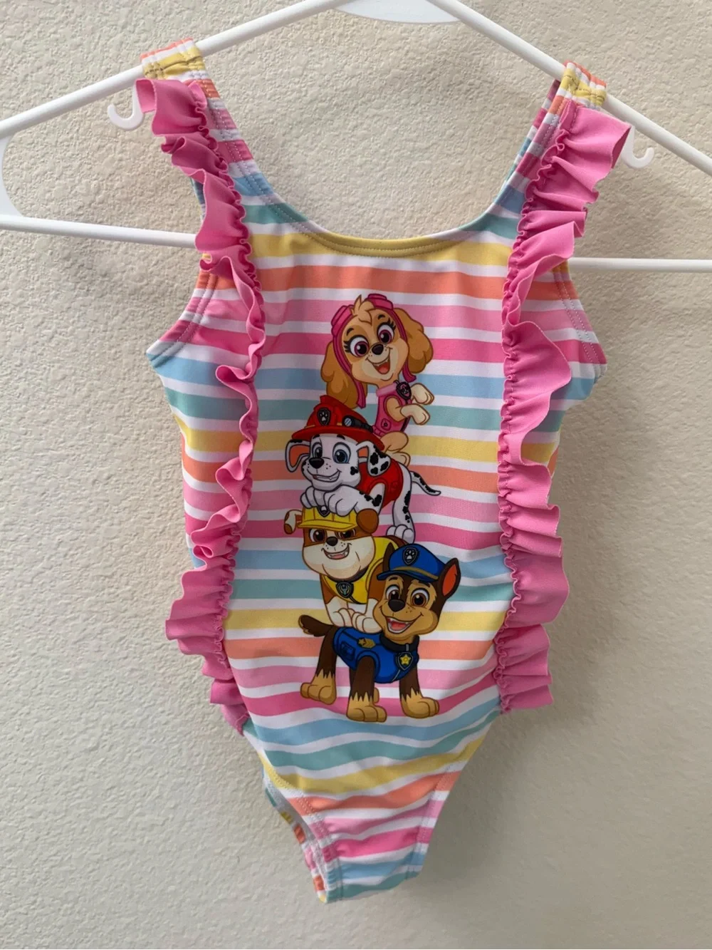 Paw Patrol Rainbow Stripe One-Piece Swimsuit with Pink Ruffles